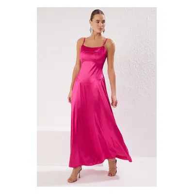 Trendyol Fuchsia Plain Skirt Waist Opening Knitted Satin Maxi Evening Dress & Graduation Dress