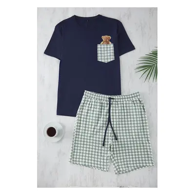 Trendyol Navy Blue Regular Plaid Couple/Double Knitted Shorts Pajama Set