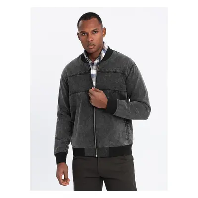 Ombre Men's denim bomber jacket with stone wash effect - black