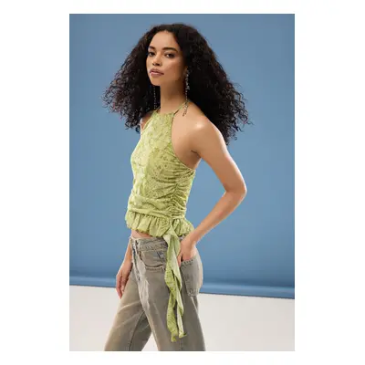 Trendyol Green-Multicolored Lined Ruffle Detail Tulle Knitted Blouse