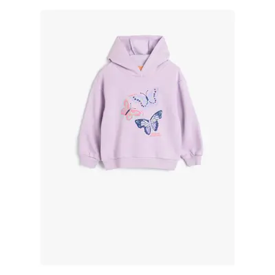 Koton Hooded Sweatshirt Butterfly Printed Long Sleeve Raised