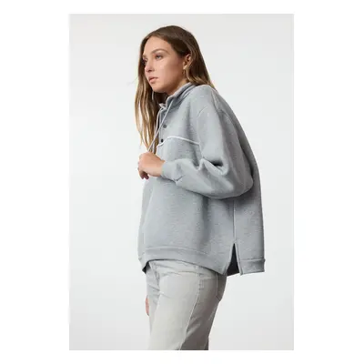 Trendyol Grey Melange Snap-On Oversize Mold Snap-On Piping Thick Polar Fleece Knitted Sweatshirt