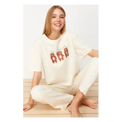 Trendyol Beige 100% Cotton Teddy Bear T-shirt-Pants Knitted Pajama Set