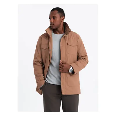 Ombre Men's lightweight jacket with pockets and high collar - brown