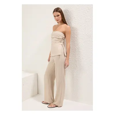 Trendyol Beige Linen Look Strapless Blouse and Trousers Woven Bottom-Top Set