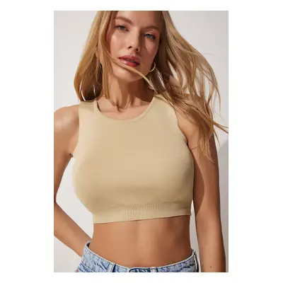 Happiness İstanbul Women's Cream Crew Neck Summer Crop Knitwear Blouse