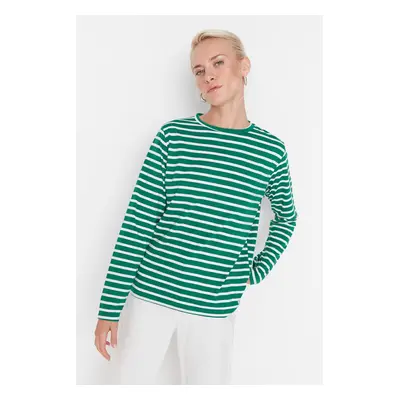 Trendyol Green Striped Regular/Regular Fit Basic Crew Neck Knitted T-Shirt