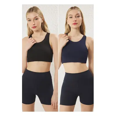 Trendyol Black-Navy Blue Pack Supportive/Shaper Halter Neck Knitted Sports Bra