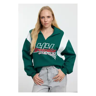 Trendyol Emerald Green Thick Fleece Inside Oversize/Wide Fit Polo Neck Knitted Sweatshirt