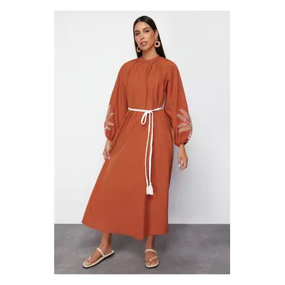 Trendyol Cinnamon Sleeve Embroidered / Embroidered Balloon Sleeve Woven Dress