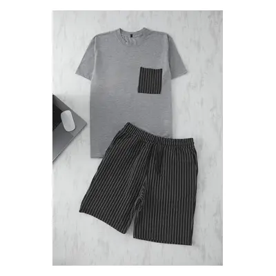 Trendyol Grimelanj - Black Regular Fit Striped Knitted Shorts Pajama Set