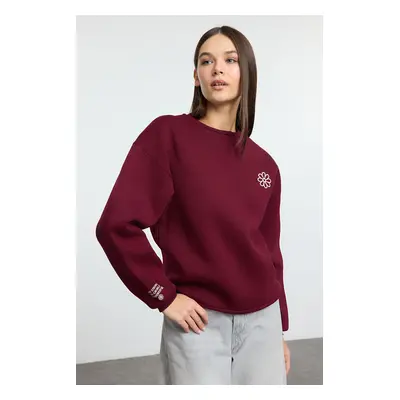 Trendyol Claret Red Embroidered Regular/Normal Pattern Thick Polar Fleece Knitted Sweatshirt