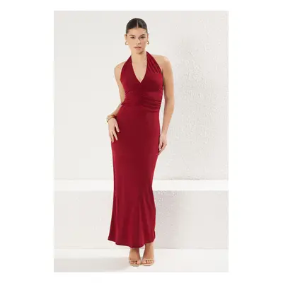 Trendyol Burgundy V Neck Gathered/Drape Detailed Bodycone/Body Fitted Stretchy Maxi Knit Dress