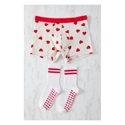 Trendyol Ecru Heart Patterned Valentine's Day Gift Socks-Boxers Underwear Set