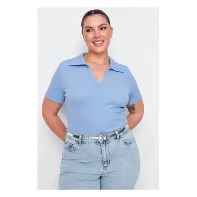 Trendyol Curve Blue Polo Neck Bodysitting Ribbed Knitted Blouse