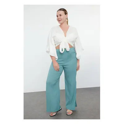 Trendyol Curve Blue Slit Detailed High Waist Wrapped Wide Leg Beach Wear Woven Trousers