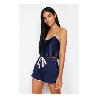 Trendyol Navy Blue Piping and Ribbon/Bow/Tie Detail Woven Pajama Set with Satin Shorts