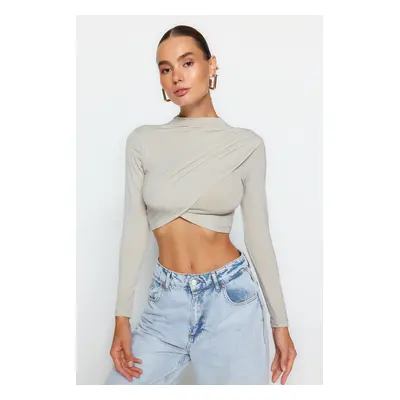 Trendyol Light Stone High Neck Draped Crop Blouse