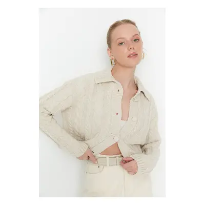 Trendyol Stone Button Detailní Polo Neck Crop Pletené oblečení Cardigan