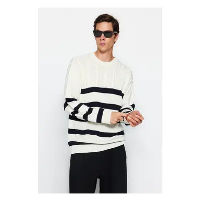 Trendyol Ecru Casual Unisex Oversize Fit Wide Pattern Hair Knit Striped Non-Pilling Knitwear Swe