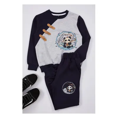 Trendyol Navy Blue Boy Seasonal-Thin Teddy Bear Printed Knitted Bottom-Top Set