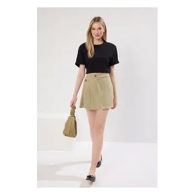 Trendyol Light Khaki Pleat Detail Double Breasted Mini Length Woven Skirt