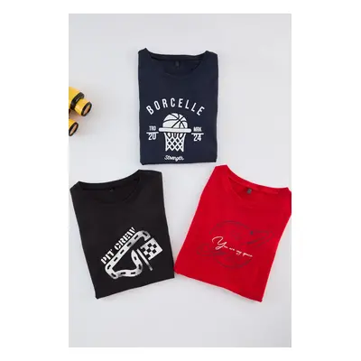 Trendyol Red-Indigo-Black 3-Pack Boy Printed Cotton Knitted T-Shirt