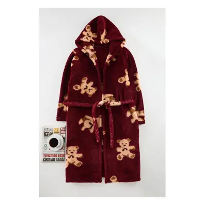 Trendyol Claret Red Belted Teddy Bear Hooded Wellsoft Winter Knitwear Dressing gown