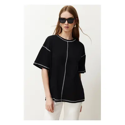 Trendyol Black 100% Cotton Karkoya Stitch Detail Oversize/Wide-Fit Knitted T-Shirt