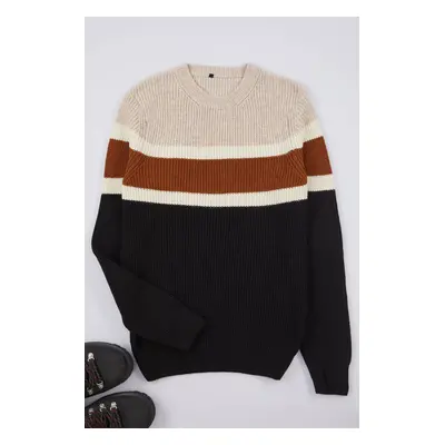 Trendyol Black Slim Woolen Crew Neck Color Block Knitwear Sweater