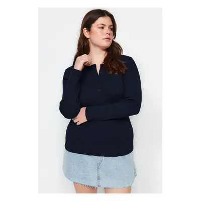 Trendyol Curve Navy Blue Crew Neck Plain Basic Ribbed Knit Blouse