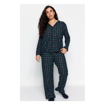 Trendyol Curve Green Plaid Shirt Collar Soft Touch Knitted Pajama Set