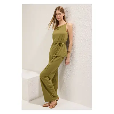 Trendyol Oil Green Square Neck Tie Detailed Suspender Upper Wide Leg/Wide Bottom Knit Upper-Lowe