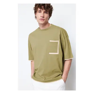 Trendyol Khaki Oversize Pocket Color Block 100% Cotton T-Shirt