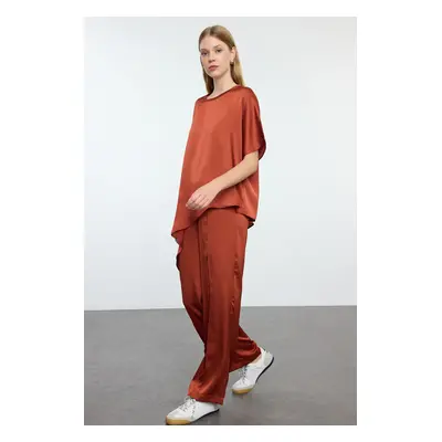 Trendyol Brown Satin Asymmetry Woven Blouse-Pants Set