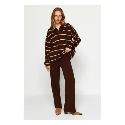 Trendyol Brown Wide Fit Zippered Knitwear Bottom-Top Set