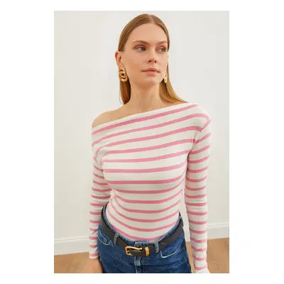 Olalook Women's Pink Striped Premium Soft Touch Boat Neck Stretchy Blouse