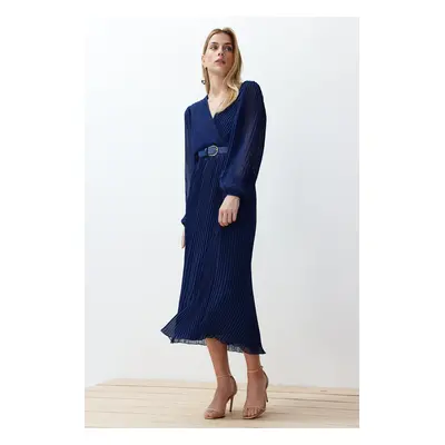 Trendyol Navy Blue Belted A-Line Pleated Maxi Lined Chiffon Woven Dress