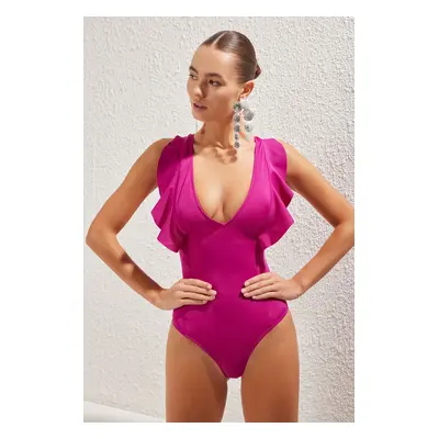 Trendyol Fuchsia Deep V Neck Ruffle Swimsuit