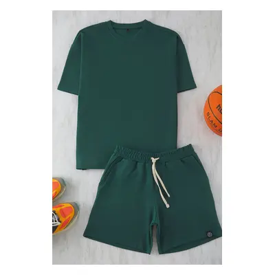 Trendyol Emerald Green Oversize Thick 100% Cotton T-shirt Shorts 2-Piece Tracksuit Set