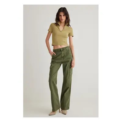 Trendyol Khaki Cargo Pocket High Waist Wide Leg Jeans