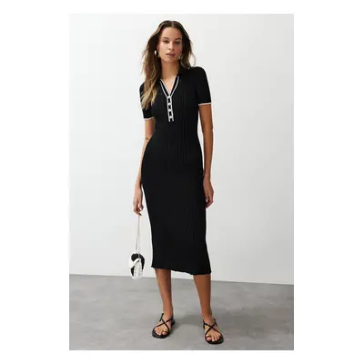 Trendyol Black Midi Knitwear Polo Collar Dress