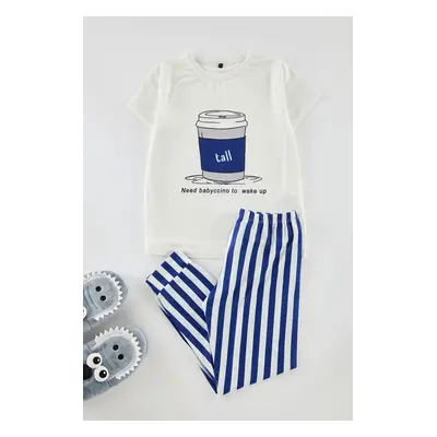 Trendyol Navy Blue Boy Striped Printed Pajama Set Cotton Knitted Top-Bottom Set