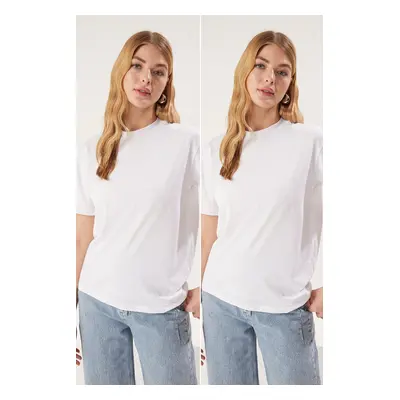 Trendyol White-White 2-Pack 100% Cotton Basic Stand Collar Knitted T-Shirt