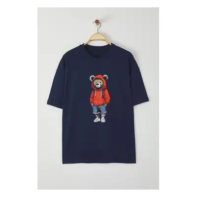 Trendyol Navy Blue Oversize/Wide Cut Teddy Bear Printed 100% Cotton T-Shirt