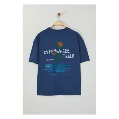 Trendyol Indigo Oversize/Wide Cut Floral Embroidered 100% Cotton T-Shirt