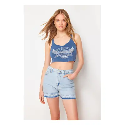 Trendyol Blue Leg Detail High Waist Denim Shorts