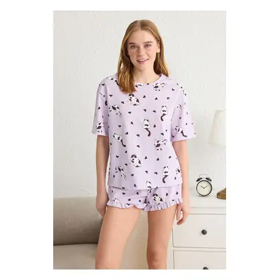 Trendyol Lilac Animal Frilled Jersey Knitted Pajama Set