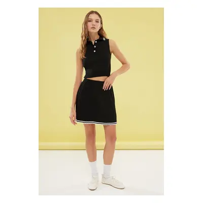 Trendyol Black Polo Neck Pleated Skirted Knitwear Top-Bottom Set