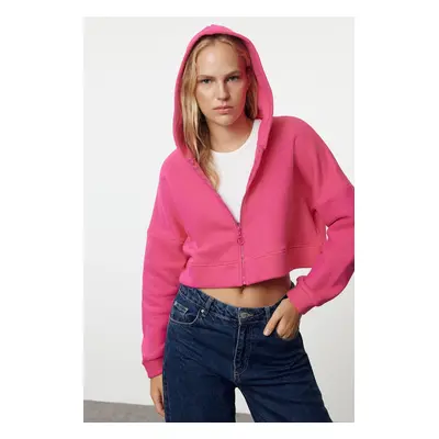 Trendyol Fuchsia Zippered Hooded Relaxed Cut Crop Thick Inside Fleece Knitted Sweatshirt